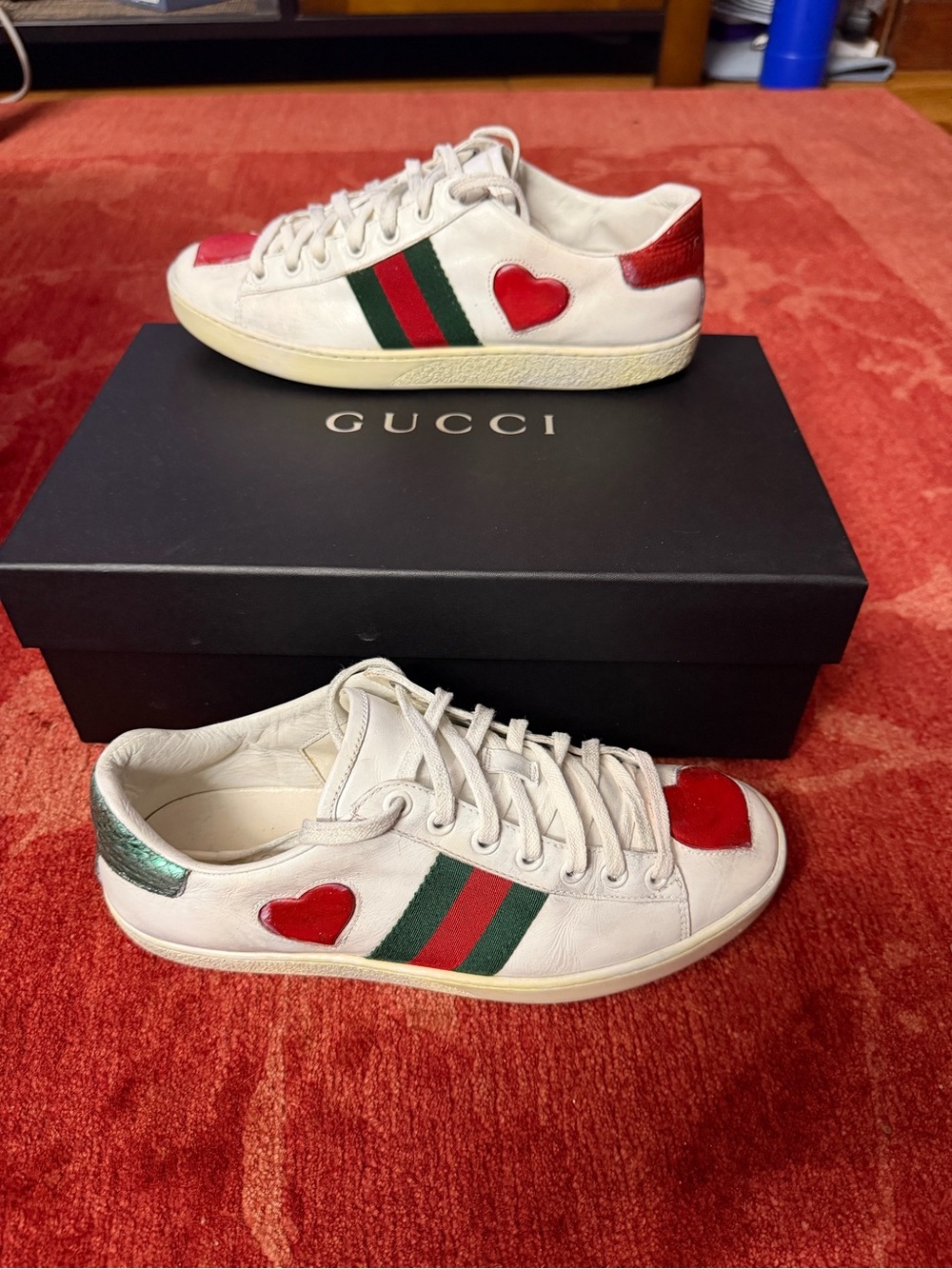 Gucci Womens 435638 Ace ‘HEART’ Green Red Web Sneakers EU 35.5 || US 5